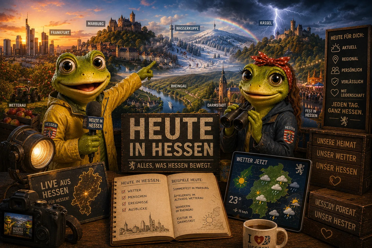 Anna und Lukas, die beiden Hessenwetter-Frösche, präsentieren die heutige Wetterlage auf einen Blick.
